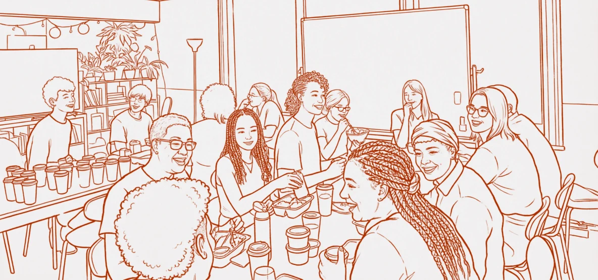 Ilustración de un grupo diverso de personas que comen, charlan y ríen alrededor de una mesa en una sala de reuniones.