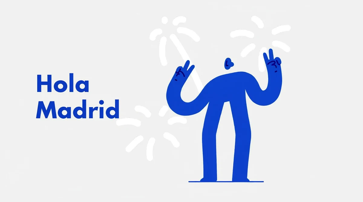 Ilustración: una figura azul celebra haciendo el signo de la victoria junto al texto «Hola Madrid», un guiño al «Hello, world» de la programación.
