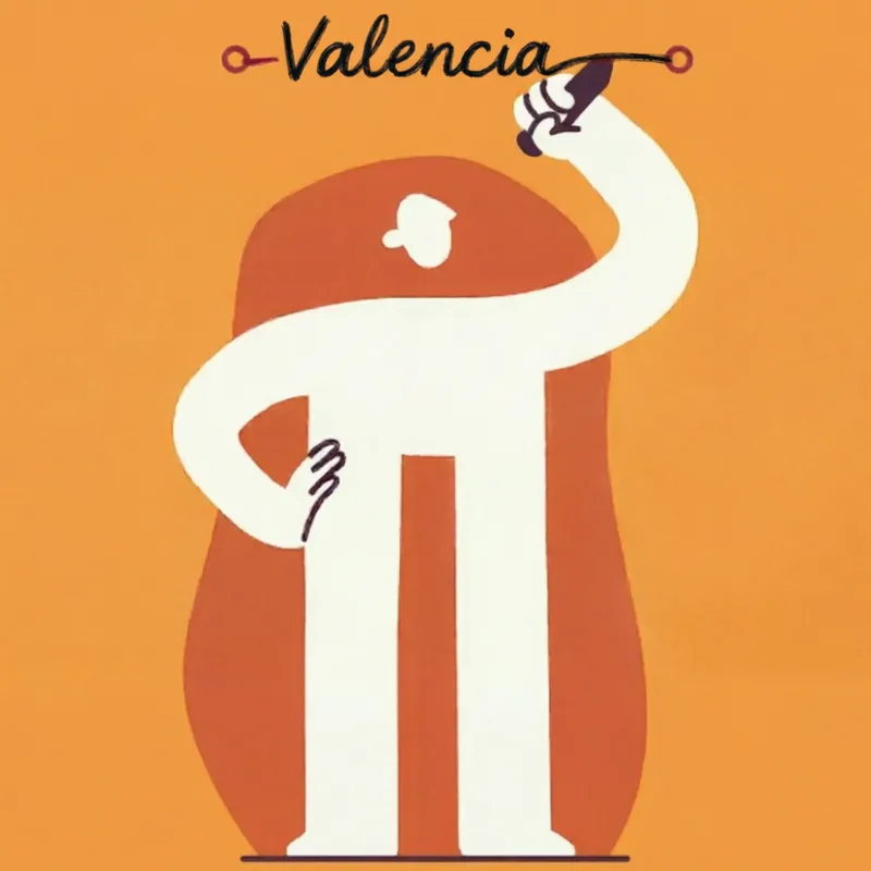 Illustration: a white figure writes “Valencia” on an orange background.