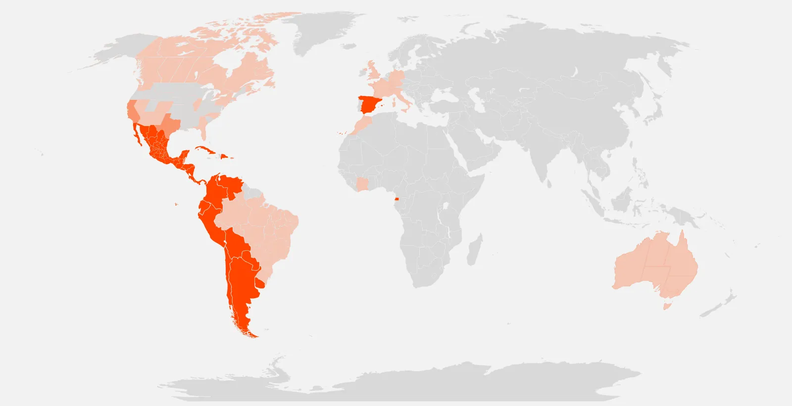 World map showing Spanish as an official language in Spain, Latin America and Equatorial Guinea, and as an important or significant minority language in countries such as the United States, Canada, Brazil, Morocco and Australia.