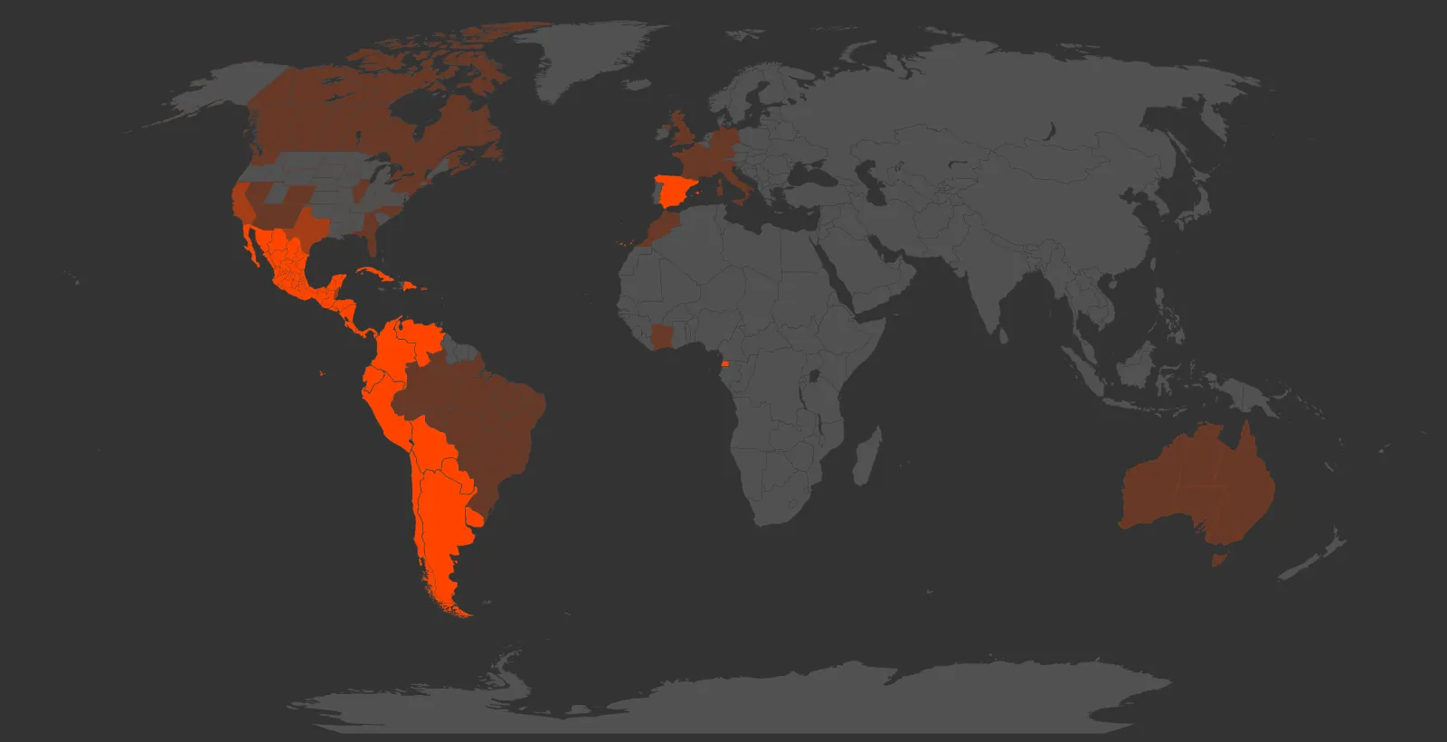 World map showing Spanish as an official language in Spain, Latin America and Equatorial Guinea, and as an important or significant minority language in countries such as the United States, Canada, Brazil, Morocco and Australia.